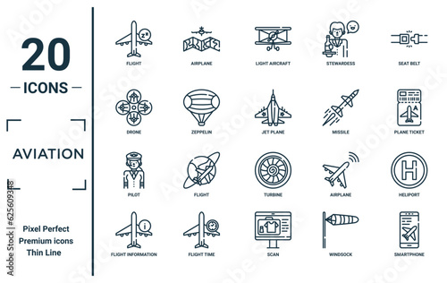 aviation linear icon set. includes thin line flight, drone, pilot, flight information, smartphone, jet plane, heliport icons for report, presentation, diagram, web design