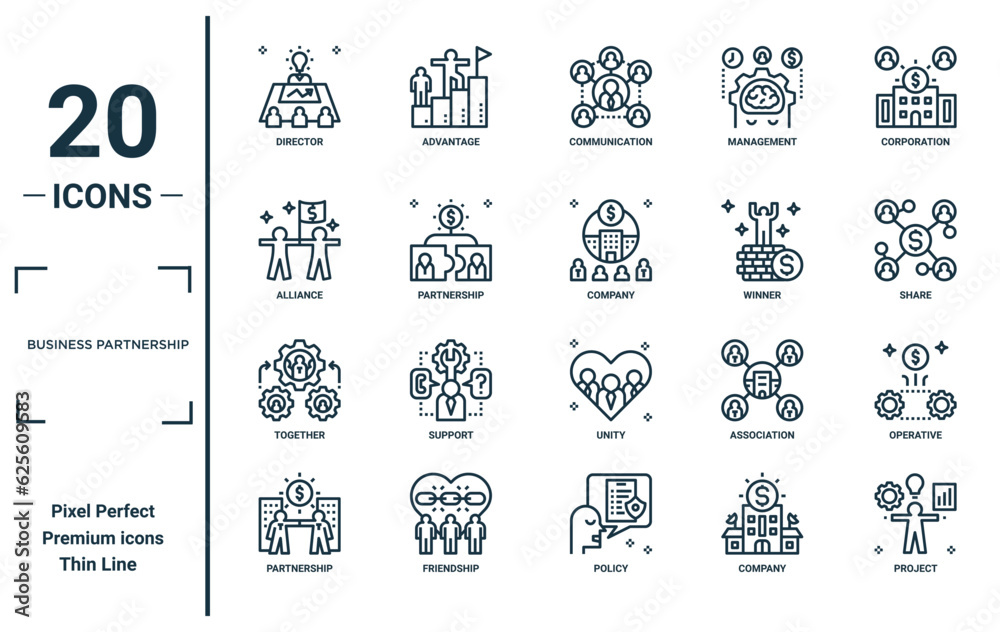 business partnership linear icon set. includes thin line director ...