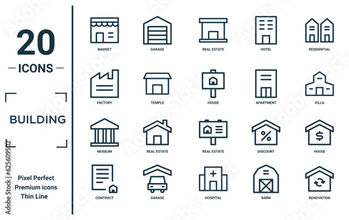 building linear icon set. includes thin line market, factory, museum, contract, renovation, house, house icons for report, presentation, diagram, web design