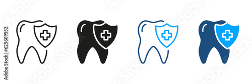 Teeth Protection, Dental Insurance Pictogram. Medical Oral Care Silhouette and Line Icon Set. Tooth Hygiene and Defense Symbol Collection. Dental Treatment Sign. Isolated Vector Illustration