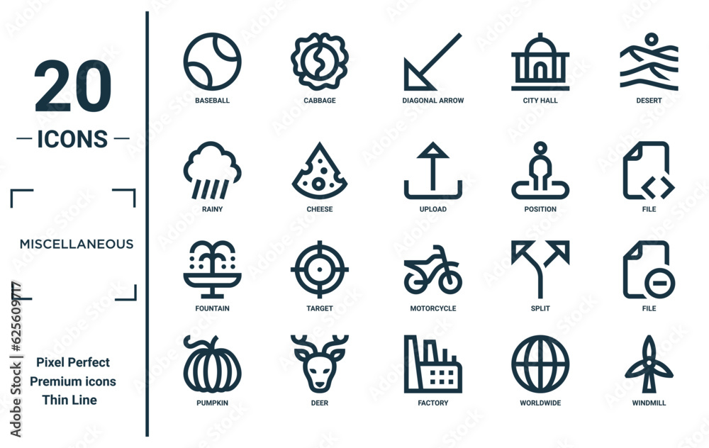 miscellaneous linear icon set. includes thin line baseball, rainy, fountain, pumpkin, windmill, upload, file icons for report, presentation, diagram, web design