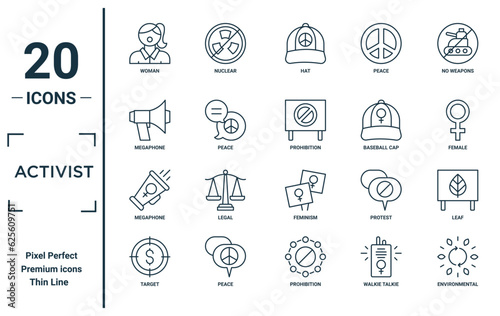 activist linear icon set. includes thin line woman, megaphone, megaphone, target, environmental, prohibition, leaf icons for report, presentation, diagram, web design