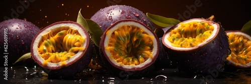 Photo of a variety of sliced passion fruits arranged in a colorful display .generative ai