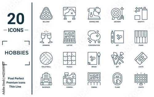 hobbies linear icon set. includes thin line billiard, drinking, volleyball, backpack, lights, conversation, caste icons for report, presentation, diagram, web design