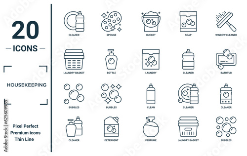 housekeeping linear icon set. includes thin line cleaner, laundry basket, bubbles, cleaner, bubbles, laundry, cleaner icons for report, presentation, diagram, web design