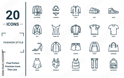 fashion style linear icon set. includes thin line bathrobe, suit, high heel, dress, backpack, jacket, handbag icons for report, presentation, diagram, web design