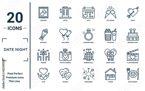 date night linear icon set. includes thin line condom, bouquet, dinner, love, restaurant, diamond ring, clapperboard icons for report, presentation, diagram, web design