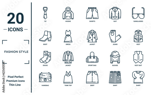 fashion style linear icon set. includes thin line tie, boot, socks, handbag, shirt, jacket, vest suit icons for report, presentation, diagram, web design