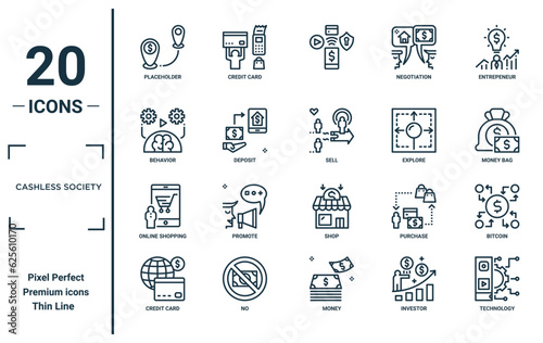 cashless society linear icon set. includes thin line placeholder, behavior, online shopping, credit card, technology, sell, bitcoin icons for report, presentation, diagram, web design