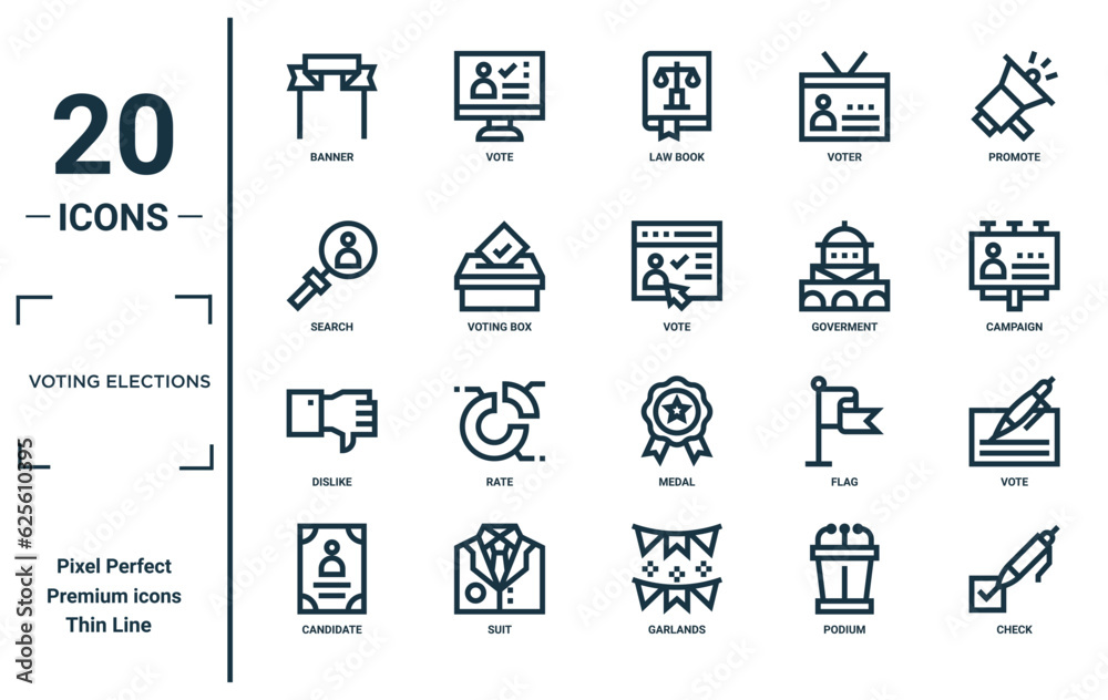 voting elections linear icon set. includes thin line banner, search, dislike, candidate, check, vote, vote icons for report, presentation, diagram, web design