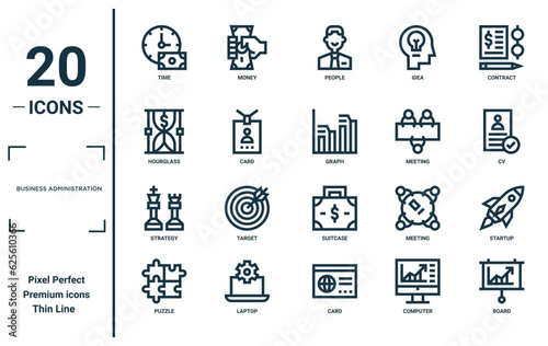 business administration linear icon set. includes thin line time, hourglass, strategy, puzzle, board, graph, startup icons for report, presentation, diagram, web design