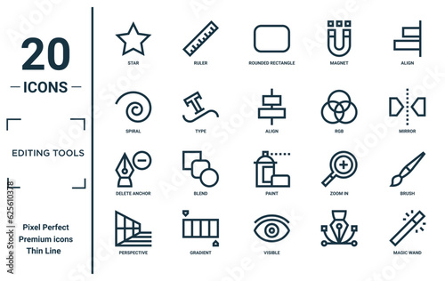 editing tools linear icon set. includes thin line star, spiral, delete anchor, perspective, magic wand, align, brush icons for report, presentation, diagram, web design