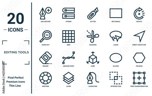 editing tools linear icon set. includes thin line add anchor, zoom out, eraser, pantone, free transformation, scissors, poligon icons for report, presentation, diagram, web design photo