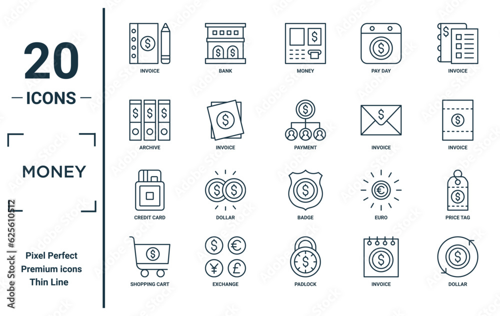 money linear icon set. includes thin line invoice, archive, credit card, shopping cart, dollar, payment, price tag icons for report, presentation, diagram, web design