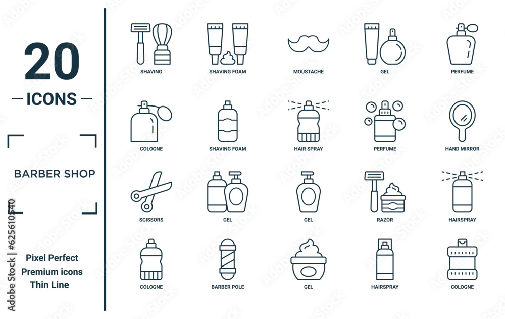 barber shop linear icon set. includes thin line shaving, cologne ...