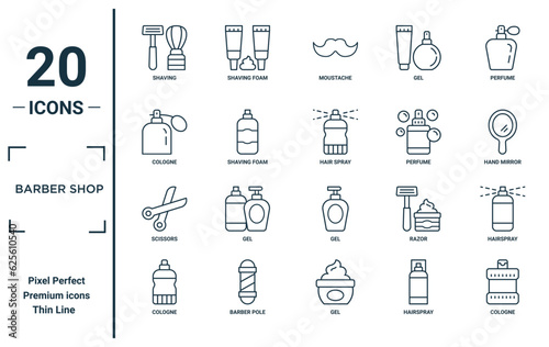 barber shop linear icon set. includes thin line shaving, cologne, scissors, cologne, cologne, hair spray, hairspray icons for report, presentation, diagram, web design