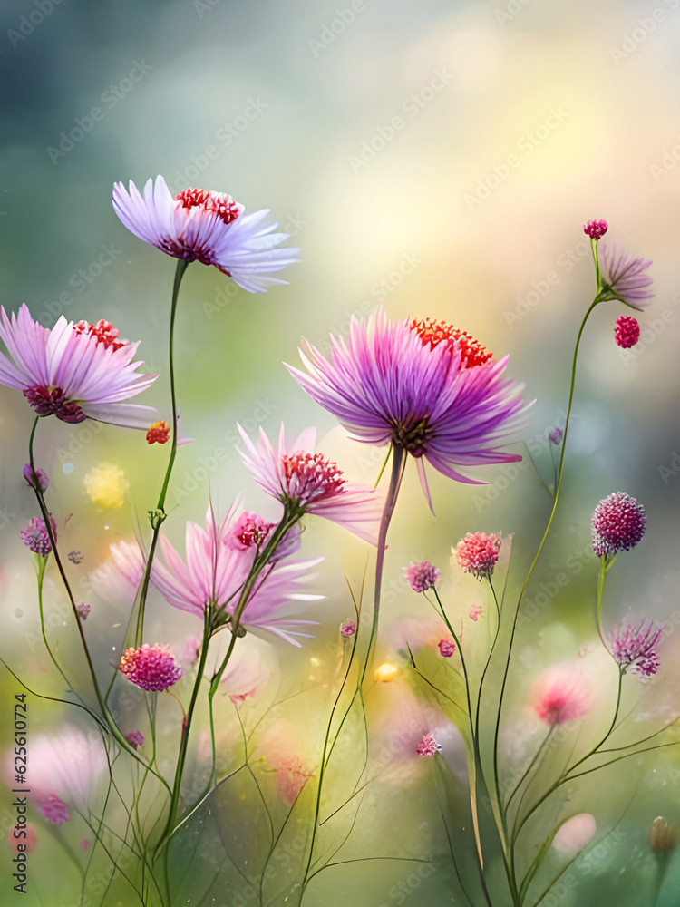 Pretty AI generated flowers in a meadow with soft light and selective focus with copy space Pretty AI generated flowers in a meadow with soft light and selective focus with copy space
