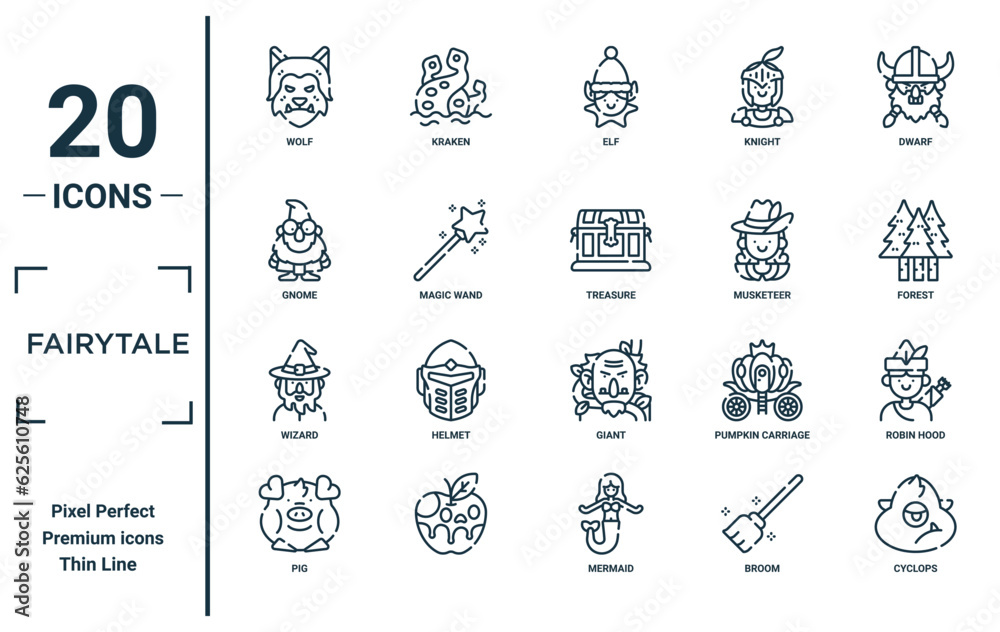 fairytale linear icon set. includes thin line wolf, gnome, wizard, pig, cyclops, treasure, robin hood icons for report, presentation, diagram, web design