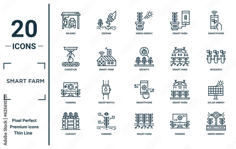 smart farm linear icon set. includes thin line milking, conveyor ...