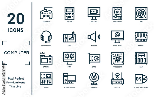 computer linear icon set. includes thin line gamepad, headphones, camera, mixer, operating system, volume, nas icons for report, presentation, diagram, web design photo