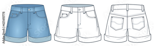 Denim Shorts technical fashion illustration, blue design. Jeans Short Pants fashion flat technical drawing template, front, back view, white, women, men, unisex CAD mockup set.