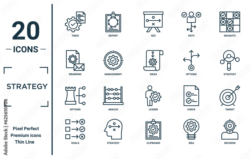 strategy linear icon set. includes thin line tings, branding, options, goals, decision, ideas, target icons for report, presentation, diagram, web design strategy linear icon set. includes thin line tings, branding, options, goals, decision, ideas, target icons for report, presentation, diagram, web design