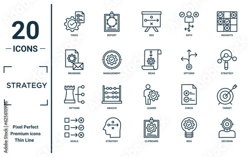strategy linear icon set. includes thin line tings, branding, options, goals, decision, ideas, target icons for report, presentation, diagram, web design