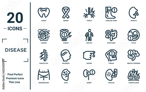 disease linear icon set. includes thin line caries, cancer, radiculitis, hemorrhoids, tuberculosis, crutch, mental disorder icons for report, presentation, diagram, web design