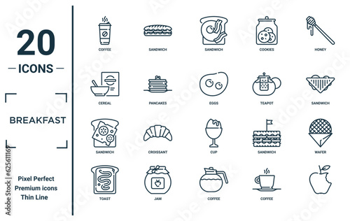 breakfast linear icon set. includes thin line coffee, cereal, sandwich, toast, , eggs, wafer icons for report, presentation, diagram, web design