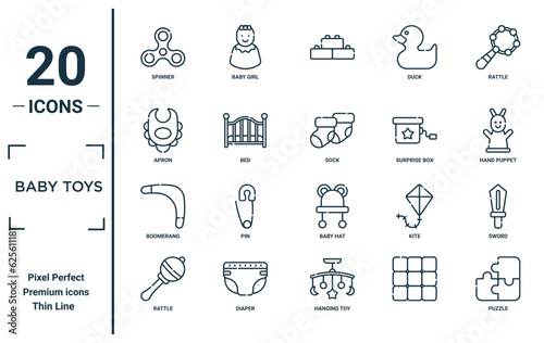 baby toys linear icon set. includes thin line spinner, apron, boomerang, rattle, puzzle, sock, sword icons for report, presentation, diagram, web design