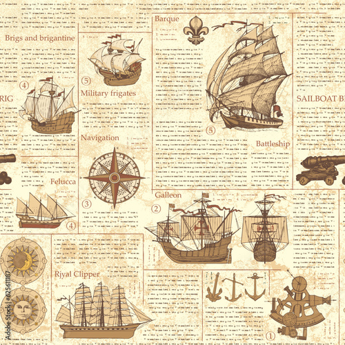 seamless vector pattern background with drawings on the theme of sailing ships and sea travel and adventure. magazine or newspaper page. suitable for wallpaper, wrapping paper.