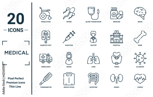 medical linear icon set. includes thin line wheelchair, diabetes test, ambulance, thermometer, cardio, doctor, allergies icons for report, presentation, diagram, web design