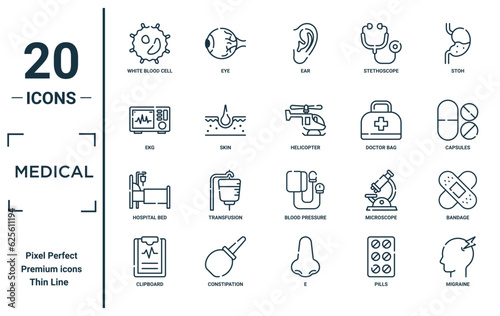 medical linear icon set. includes thin line white blood cell, ekg, hospital bed, clipboard, migraine, helicopter, bandage icons for report, presentation, diagram, web design