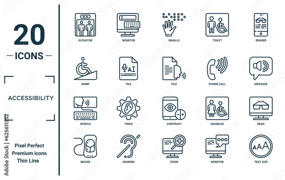 accessibility linear icon set. includes thin line elevator, ramp, speech, mouse, text size, file, read icons for report, presentation, diagram, web design