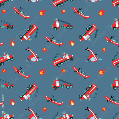 Fireman seamless pattern. Fire engine, fire helicopter, fire plane. Design for fabric, textile, wallpaper, packaging.
