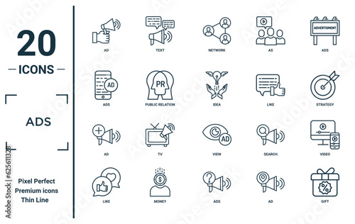 ads linear icon set. includes thin line ad, ads, ad, like, gift, idea, video icons for report, presentation, diagram, web design
