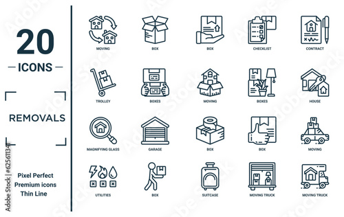 removals linear icon set. includes thin line moving, trolley, magnifying glass, utilities, moving truck, moving, icons for report, presentation, diagram, web design