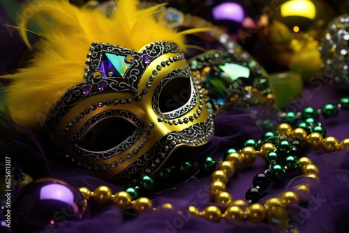 Yellow Carnival mask on Purle background - Generative ai