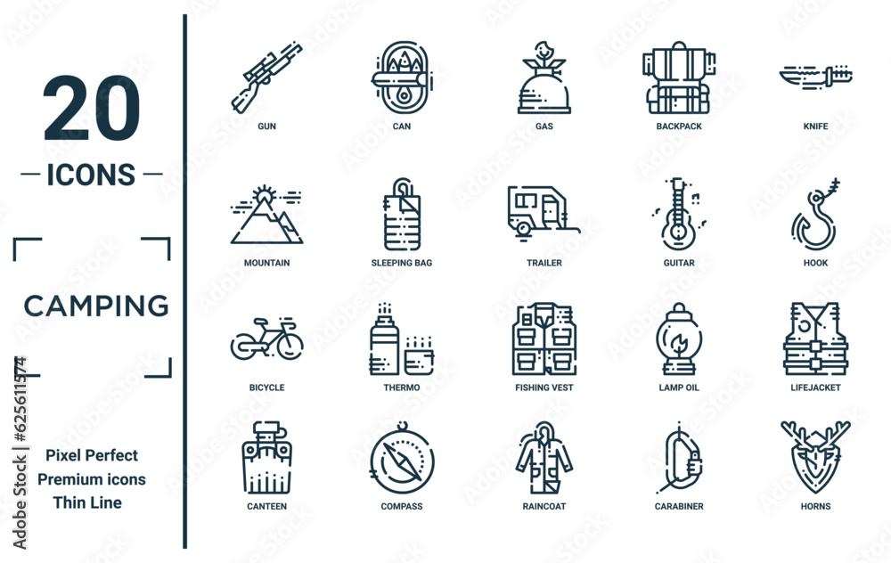 camping linear icon set. includes thin line gun, mountain, bicycle, canteen, horns, trailer, lifejacket icons for report, presentation, diagram, web design