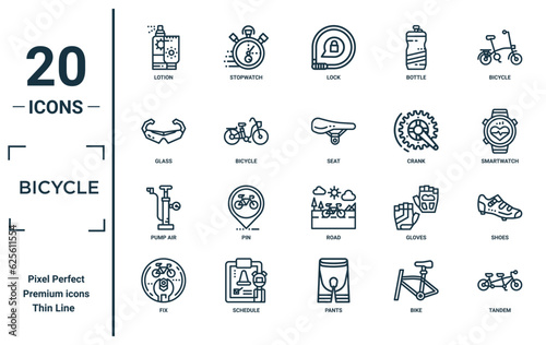 bicycle linear icon set. includes thin line lotion, glass, pump air, fix, tandem, seat, shoes icons for report, presentation, diagram, web design