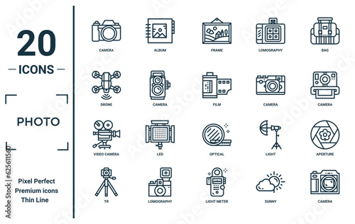 photo linear icon set. includes thin line camera, drone, video camera, tr, camera, film, aperture icons for report, presentation, diagram, web design