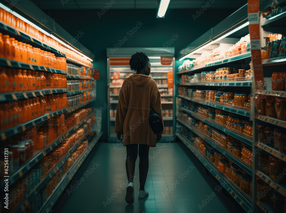a woman is standing in the aisle of a supermarket, generative AI