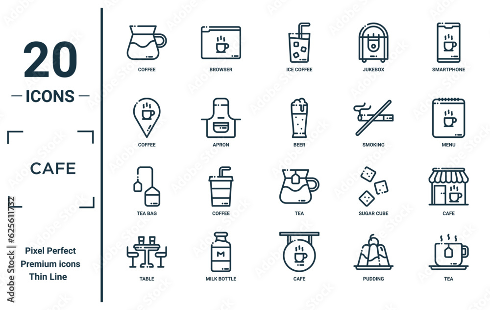 cafe linear icon set. includes thin line coffee, coffee, tea bag, table, tea, beer, cafe icons for report, presentation, diagram, web design