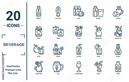 beverage linear icon set. includes thin line energy, beer, juice, smoothie, soda, juice, syrup icons for report, presentation, diagram, web design