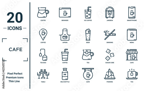 cafe linear icon set. includes thin line coffee, coffee, tea bag, table, tea, beer, cafe icons for report, presentation, diagram, web design