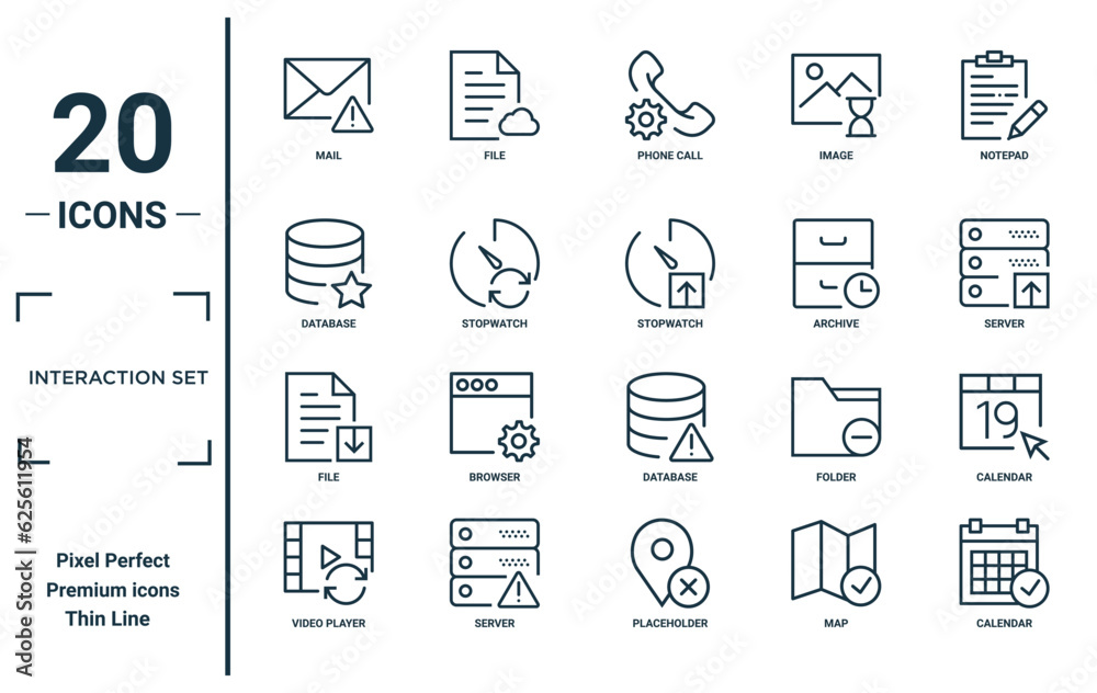 interaction set linear icon set. includes thin line mail, database, file, video player, calendar, stopwatch, calendar icons for report, presentation, diagram, web design