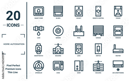 home automation linear icon set. includes thin line smart home, leak, smartwatch, sprinkler, air conditioning, pool, router icons for report, presentation, diagram, web design