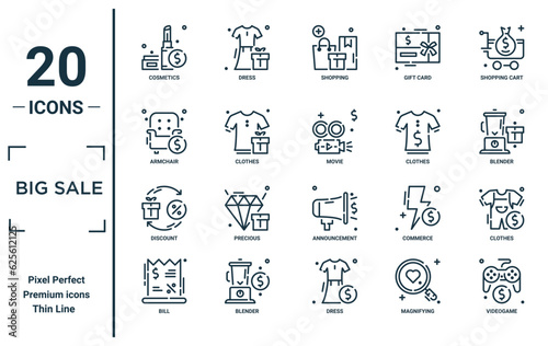 big sale linear icon set. includes thin line cosmetics, armchair, discount, bill, videogame, movie, clothes icons for report, presentation, diagram, web design