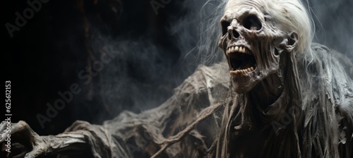 Horrible monster scary skeleton skull figure on dark background. Generative AI technology. © Hero Design