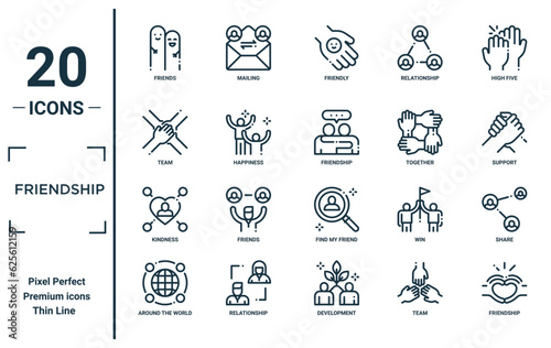 friendship linear icon set. includes thin line friends, team, kindness, around the world, friendship, friendship, share icons for report, presentation, diagram, web design
